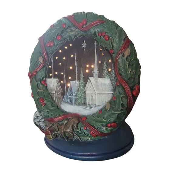 Vintage 90's Lighted Ceramic Lamp Church Snow Scene Wreath Mold - Picture 3 of 14